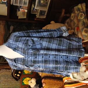 Studio Works Woman Plus 3X slate blue plaid long sleeve button-down shirt blouse